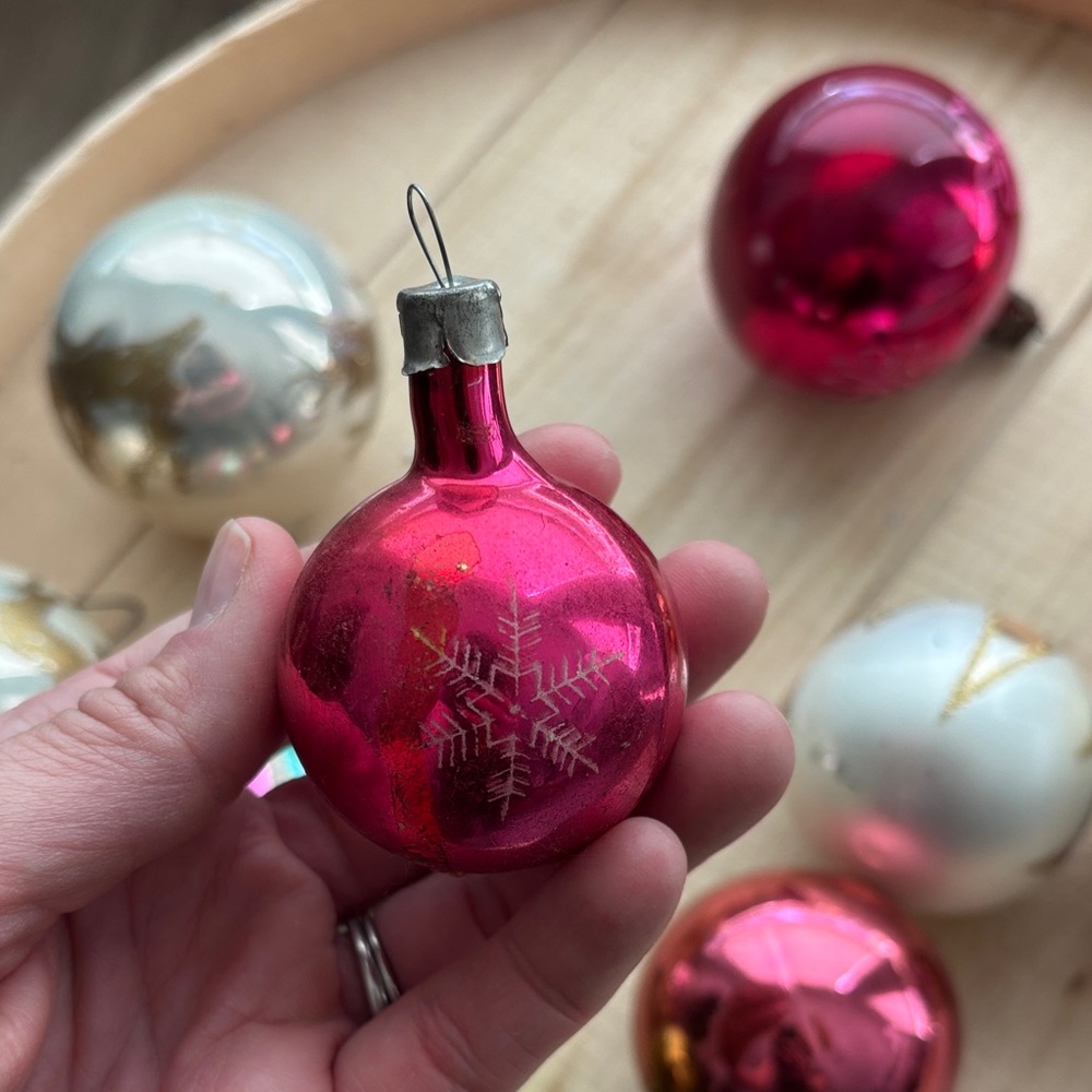 Vintage Holiday Glass Ball Ornament Set - Gold, Pink, Green, Silver Metal Caps - Picture 9 of 12